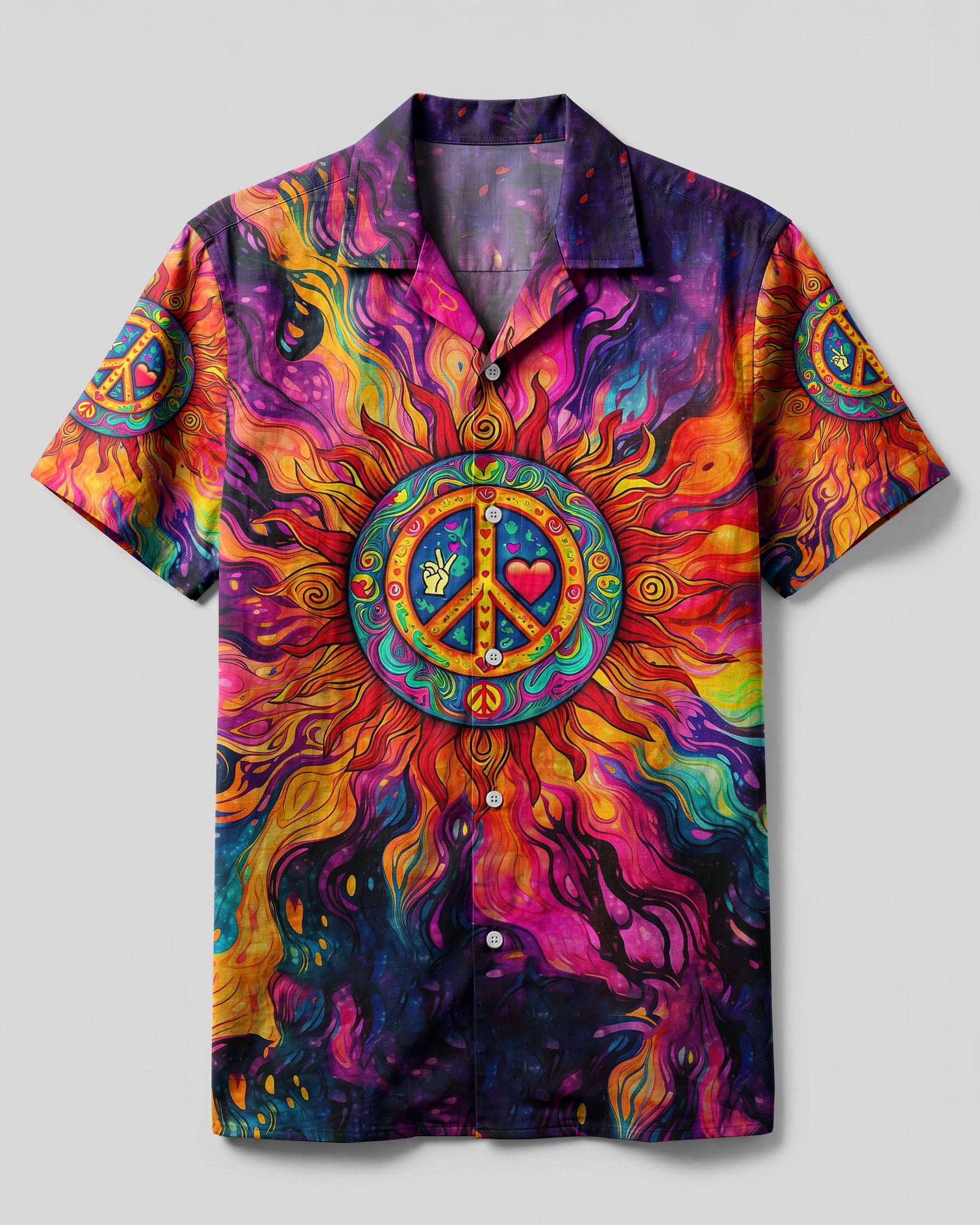 PEACE SYMBOL HIPPIE SUN COLORFUL CAMP SHIRT - TLTR2703254