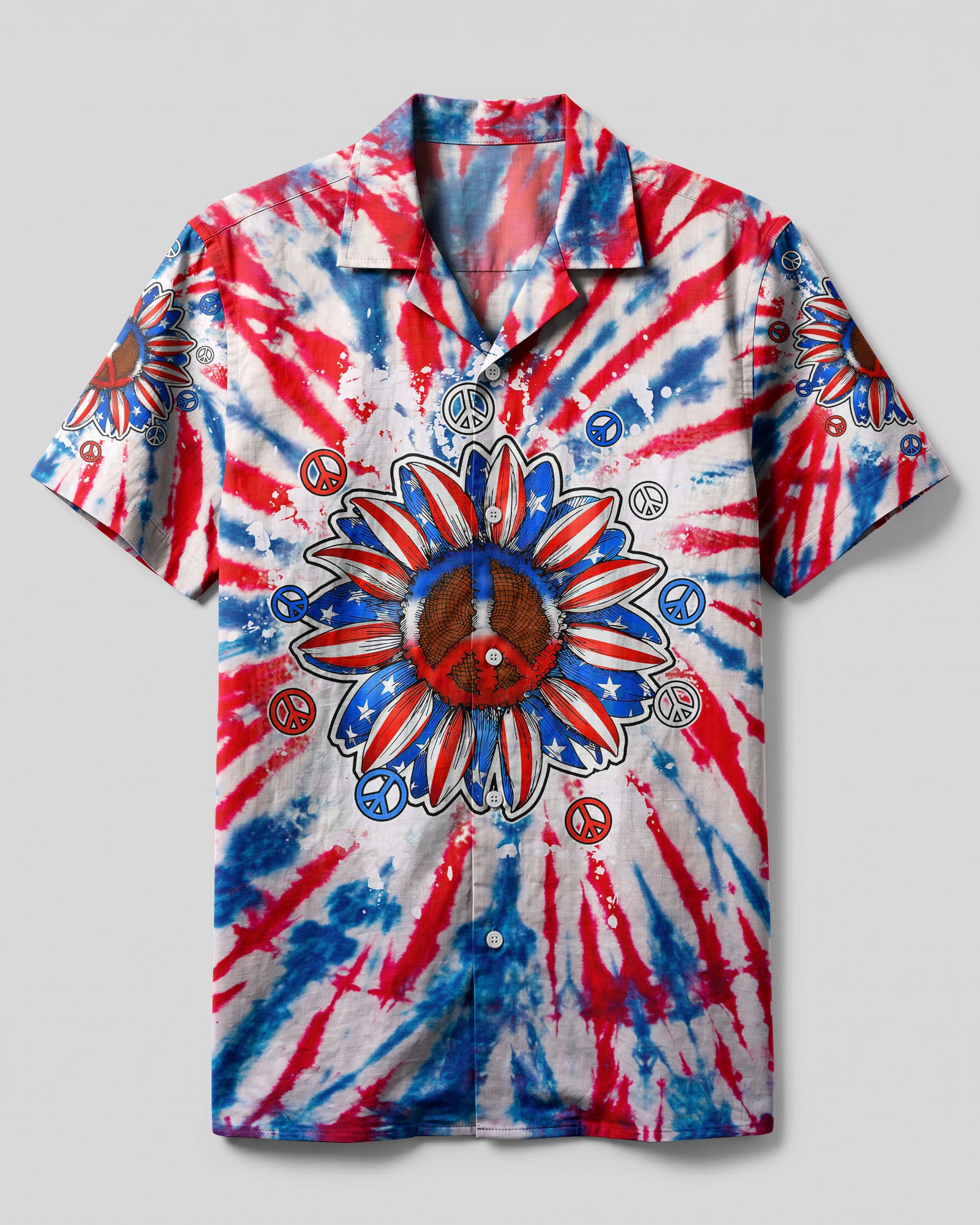 PEACE Y'ALL SUNFLOWER AMERICA TIE DYE CAMP SHIRT - TLTW2306233