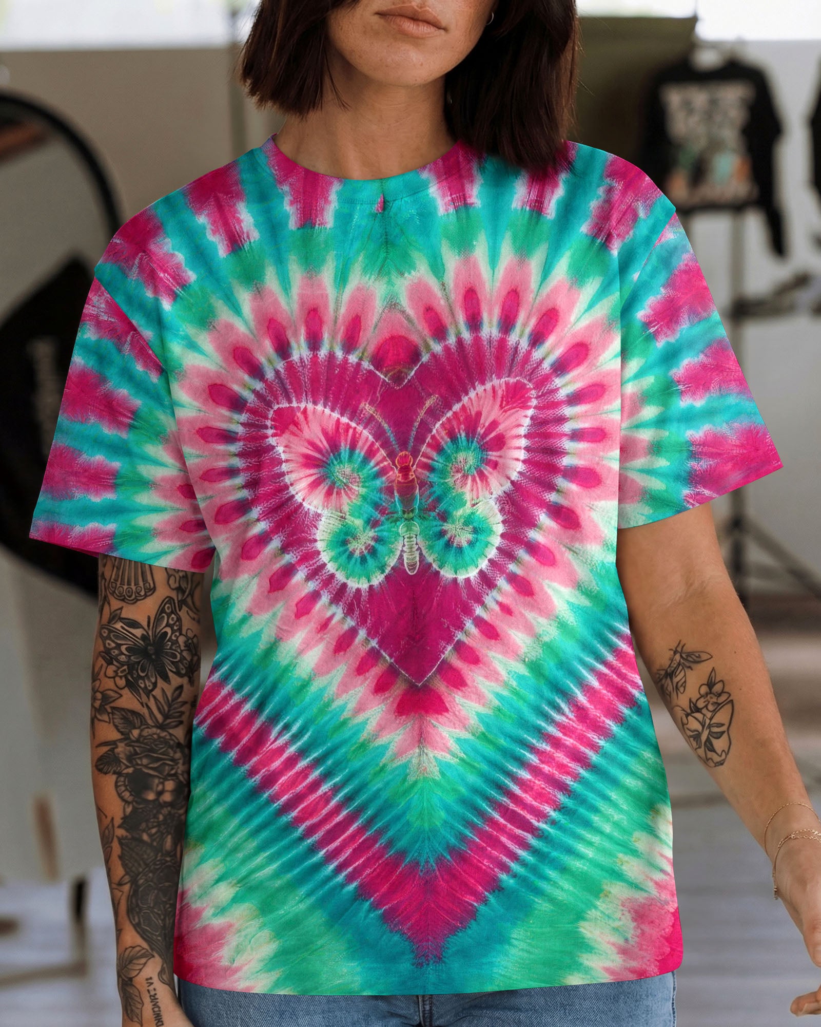 TEAL PINK BUTTERFLY HEART ALL OVER PRINT - TYLN1603261
