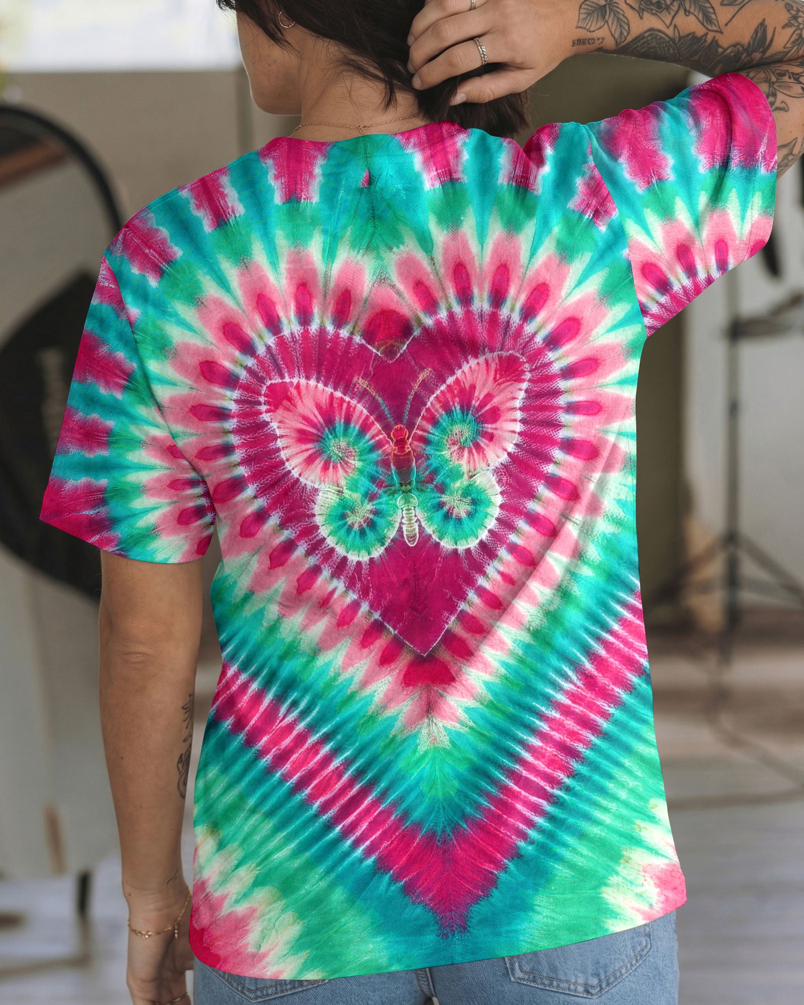 TEAL PINK BUTTERFLY HEART ALL OVER PRINT - TYLN1603261
