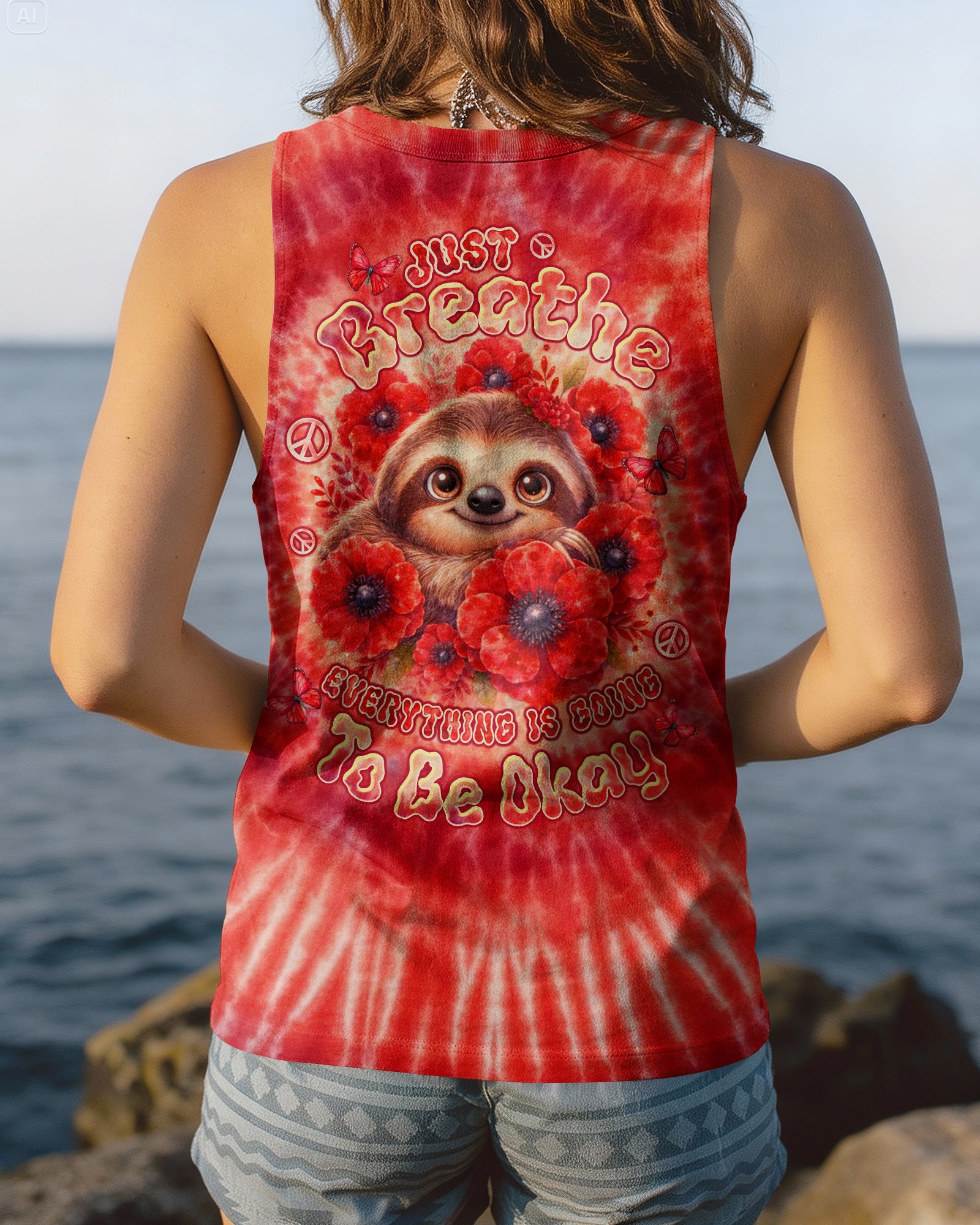 JUST BREATHE SLOTH RED SWIRL ALL OVER PRINT - TLTW0804261