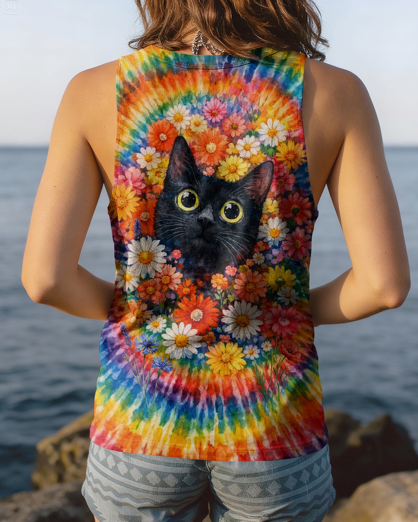 BLACK CAT WITH FLORAL SWIRL ALL OVER PRINT - TLHN0403262