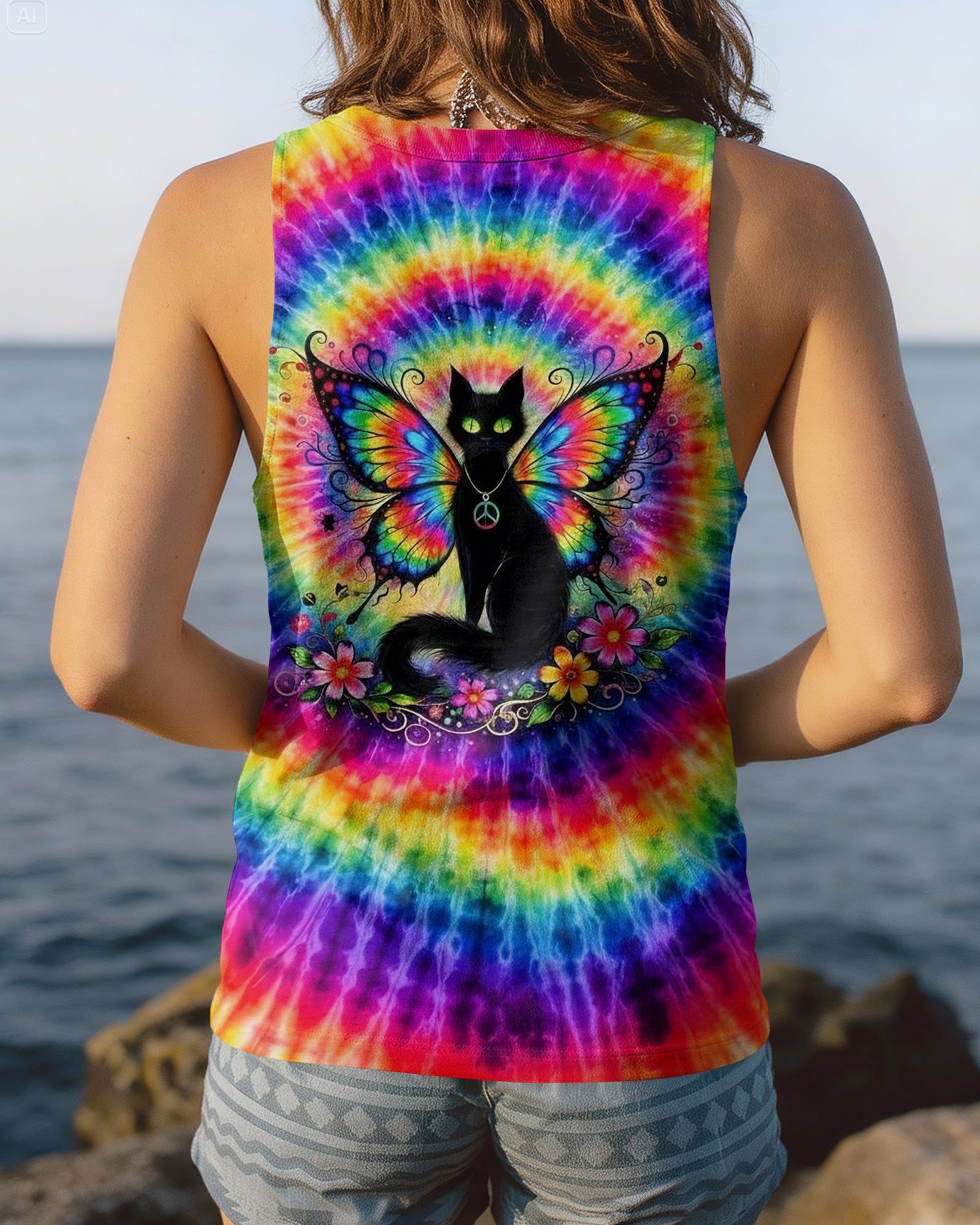 RAINBOW SWIRL BLACK CAT ALL OVER PRINT - YHHG2502261