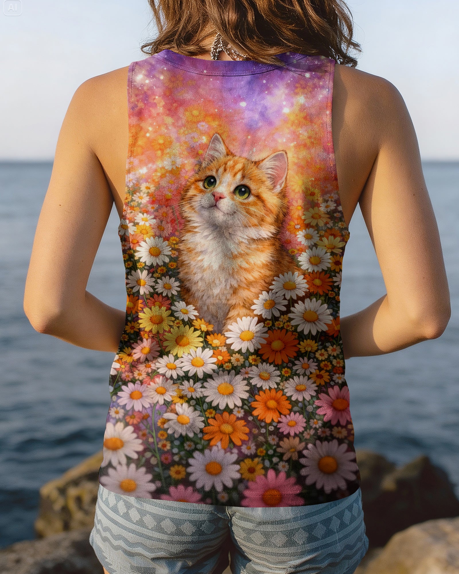 WATERCOLOR FLORAL CAT ALL OVER PRINT - TLHG1603261