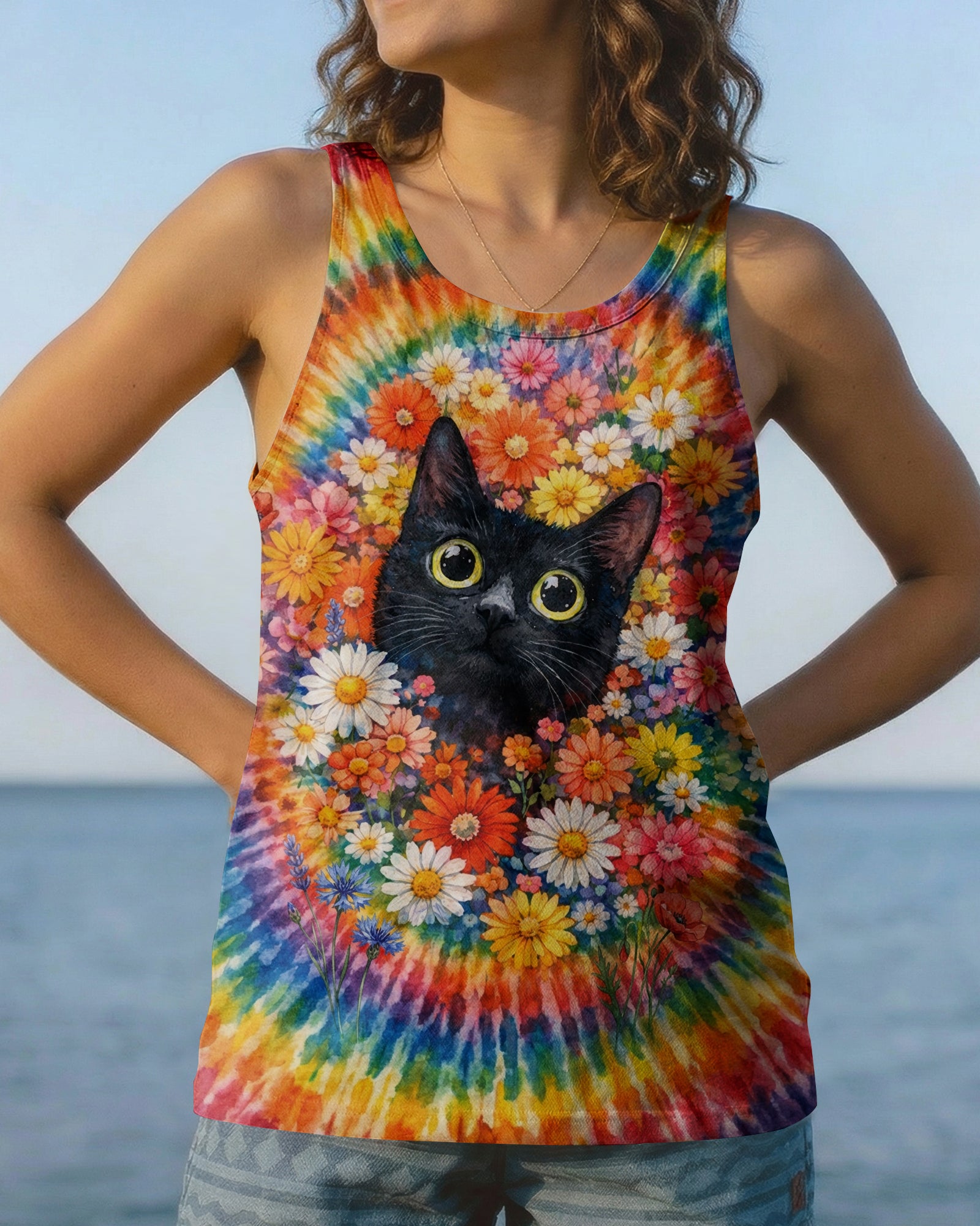 BLACK CAT WITH FLORAL SWIRL ALL OVER PRINT - TLHN0403262