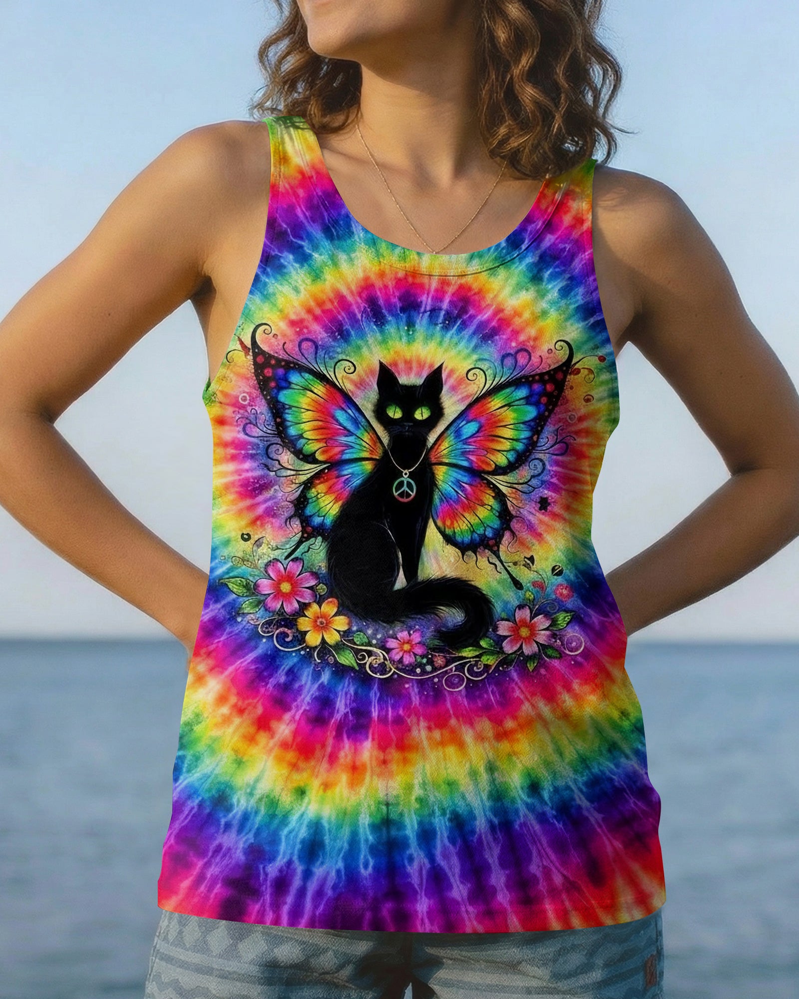 RAINBOW SWIRL BLACK CAT ALL OVER PRINT - YHHG2502261