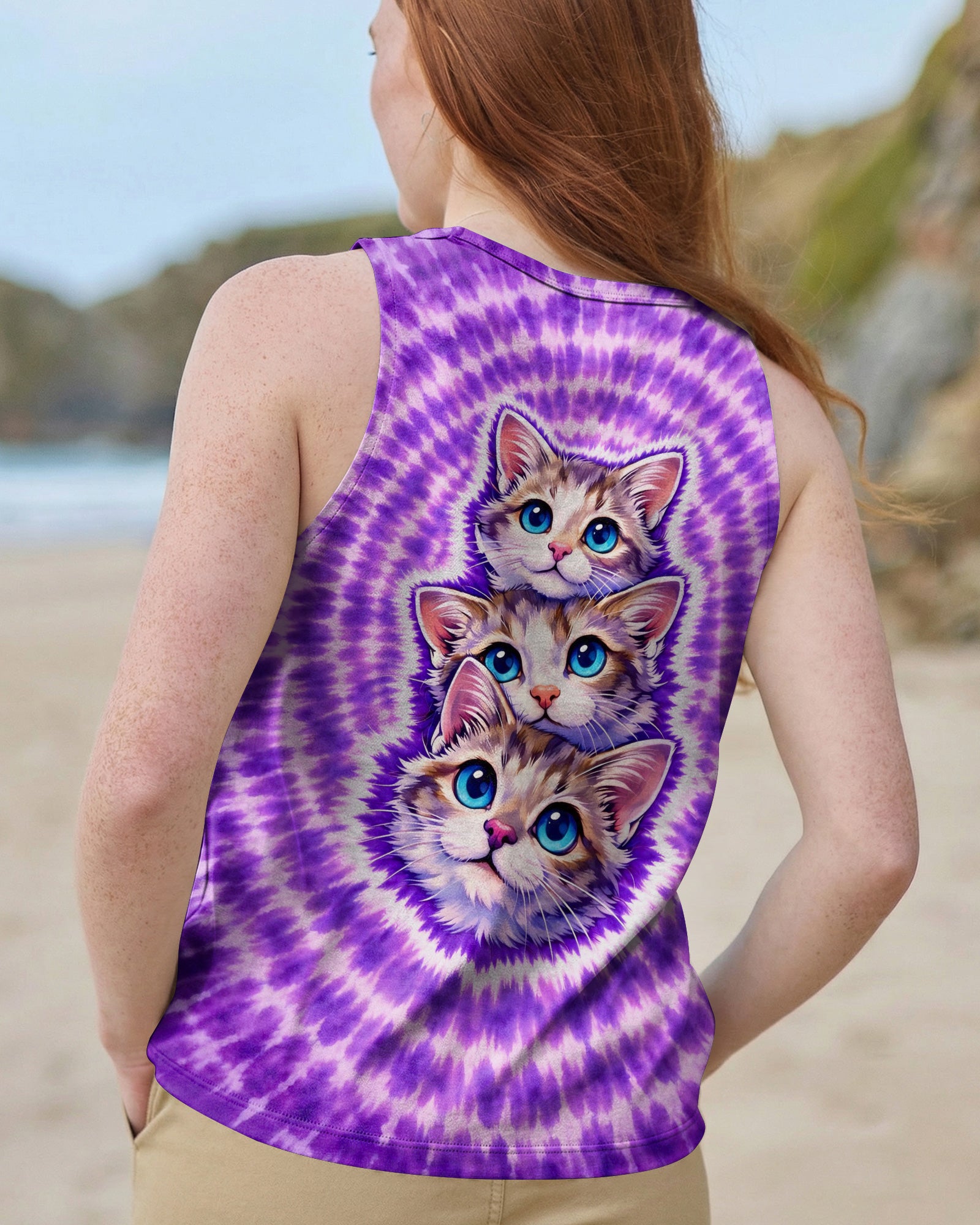 THREE CAT FACE PURPLE SWIRL ALL OVER PRINT - TLHG1703263