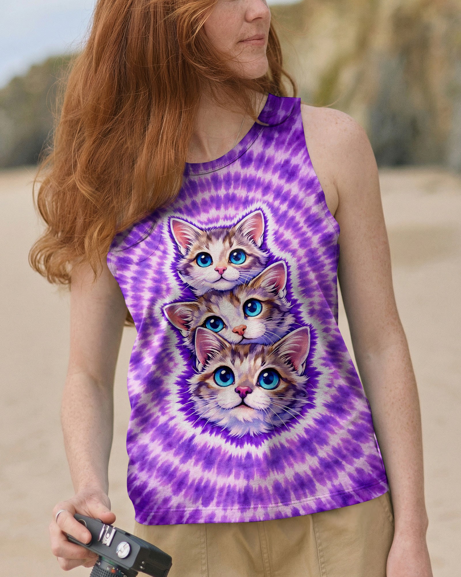 THREE CAT FACE PURPLE SWIRL ALL OVER PRINT - TLHG1703263