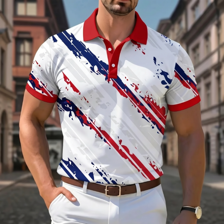 Men's Geometric Art Stars and Stripes Flag USA Printed Short Sleeve Polo Shirt