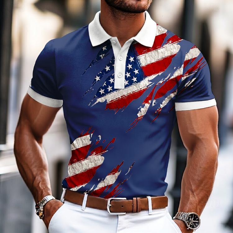 Men's Geometric Art Stars and Stripes Flag USA Printed Short Sleeve Polo Shirt