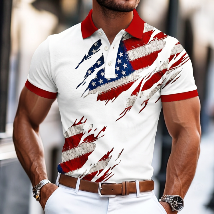 Men's Geometric Art Stars and Stripes Flag USA Printed Short Sleeve Polo Shirt