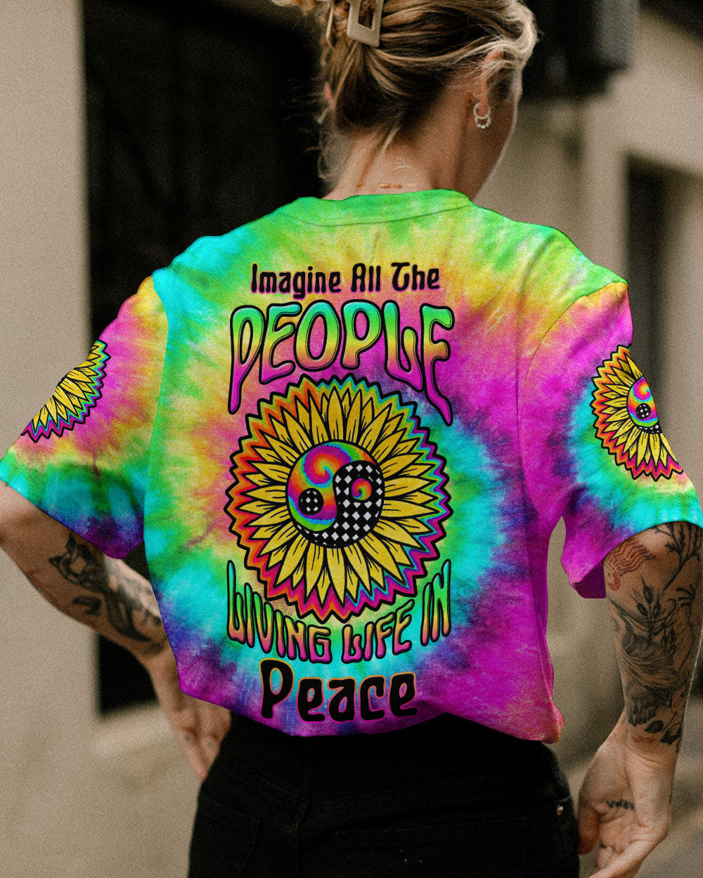 IMAGINE ALL THE PEOPLE LIVING LIFE IN PEACE TIE DYE SUNFLOWER ALL OVER PRINT - TLTW0405231