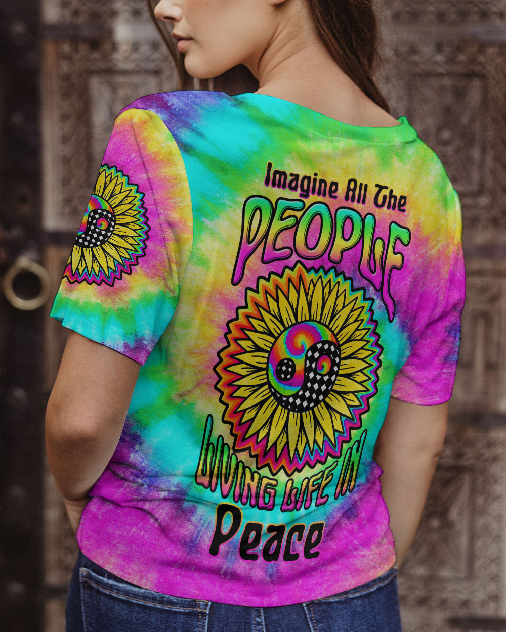 IMAGINE ALL THE PEOPLE LIVING LIFE IN PEACE TIE DYE SUNFLOWER ALL OVER PRINT - TLTW0405231