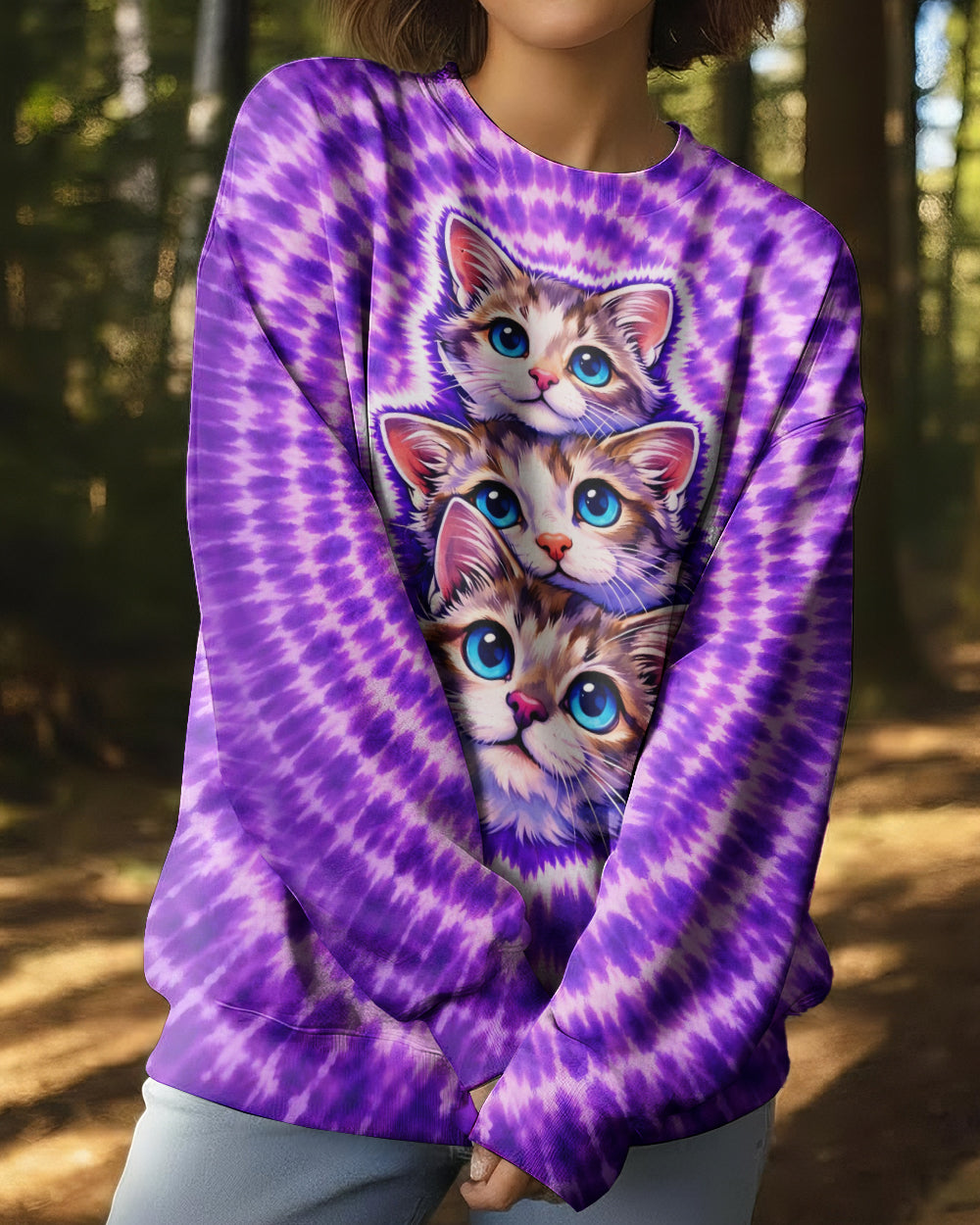 THREE CAT FACE PURPLE SWIRL ALL OVER PRINT - TLHG1703263