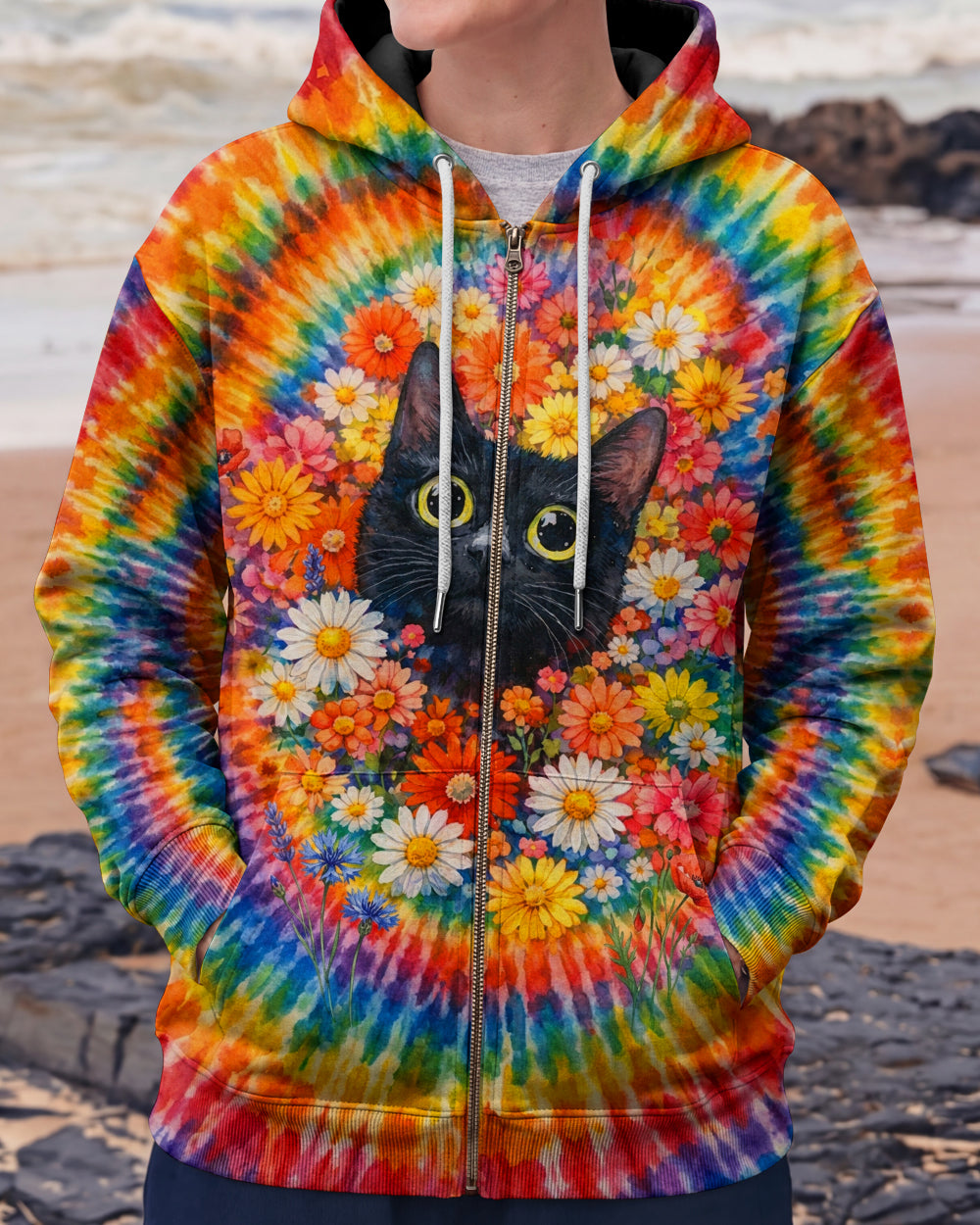 BLACK CAT WITH FLORAL SWIRL ALL OVER PRINT - TLHN0403262