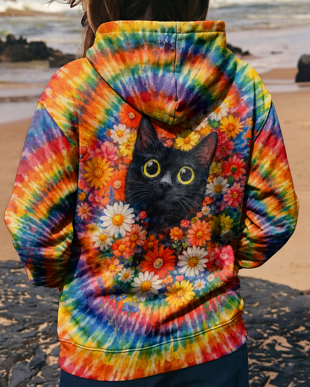 BLACK CAT WITH FLORAL SWIRL ALL OVER PRINT - TLHN0403262