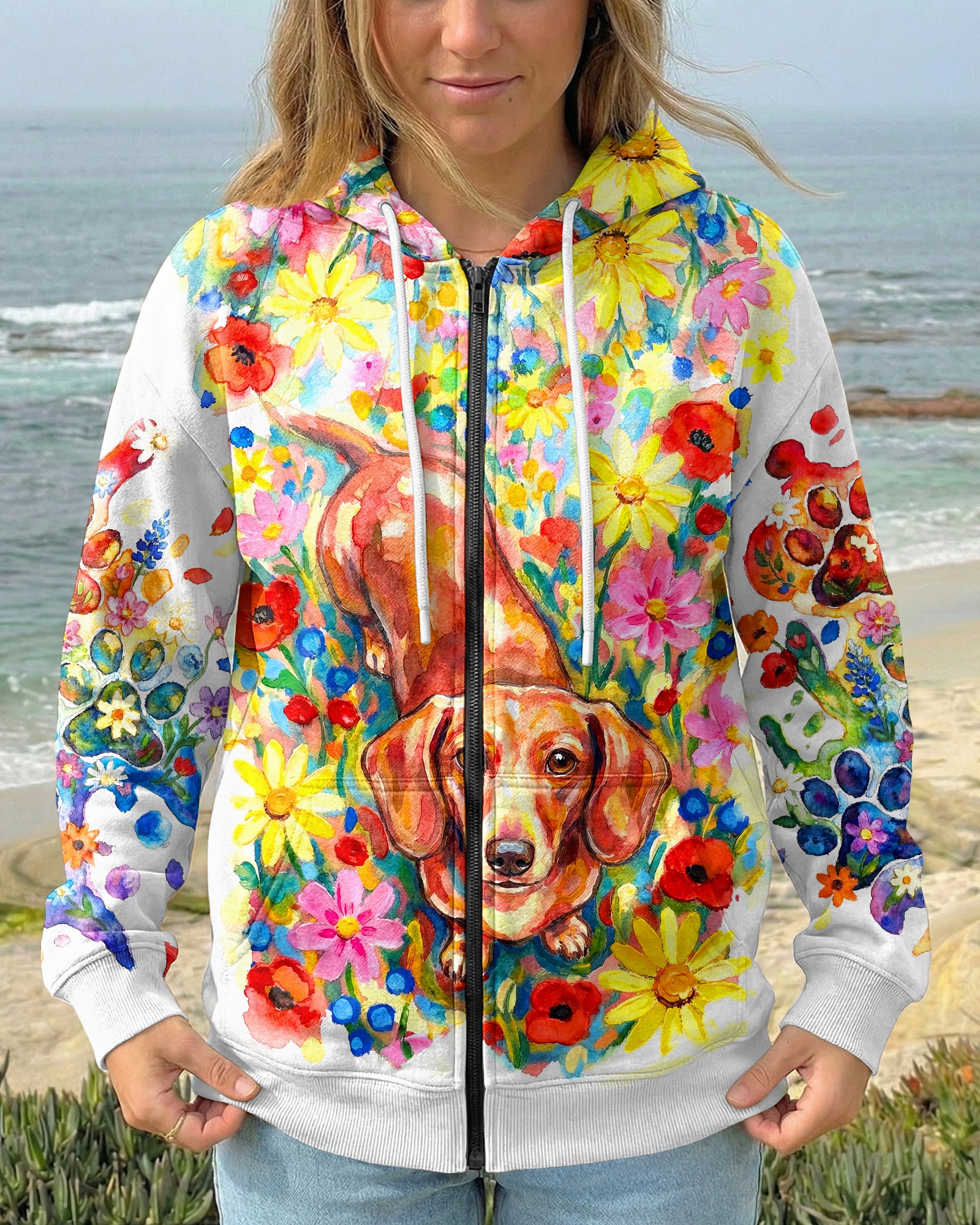 RAINBOW FLORAL DACHSHUND DOG PAW ALL OVER PRINT - RI1103261