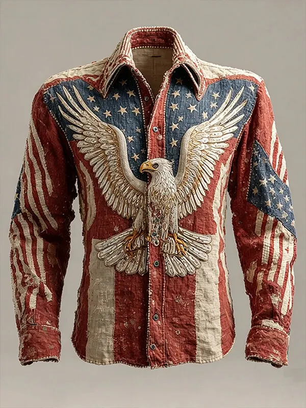 Men's Eagle Stars Stripes USA Flag Print Long Sleeve Shirt