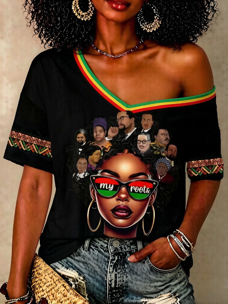 Women's My Roots African Leaders Print Casual V Neck T-Shirt