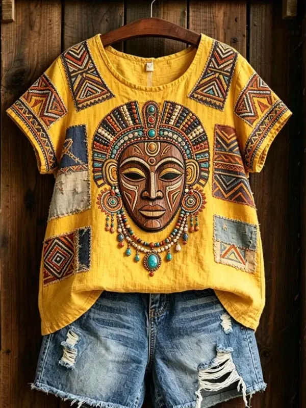 Women's African Tribal Mask Patchwork Geometric Art Print Casual T-Shirt