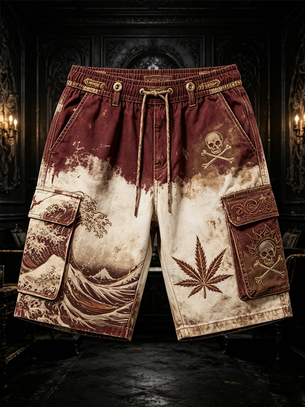 Men's Hippie Cannabis Leaves Skull Wave Print Cargo Shorts