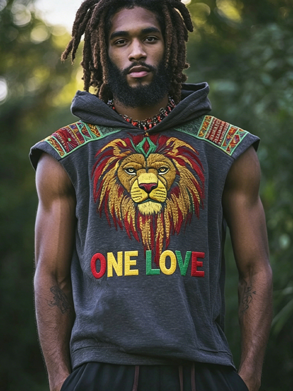Men's Reggae Lion One Love Print Hooded Tank Top