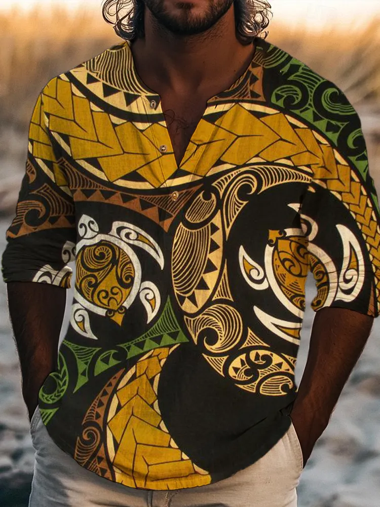 Men's Polynesian Tribal Turtle Art Print Half Button Long Sleeve Shirt