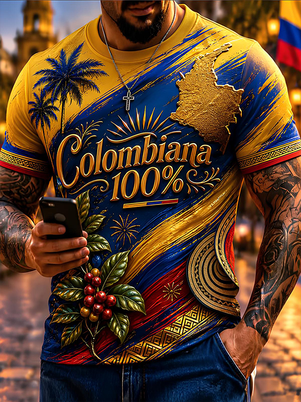 Men's 100% Colombiana Map Coffee Palm Tree Print T-Shirt