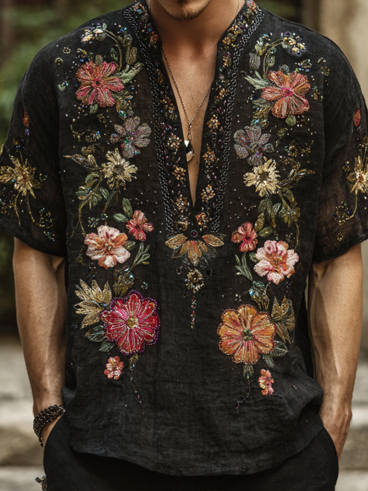 Men's Colorful 3D Floral Rhinestone Art Print V Neck T-Shirt