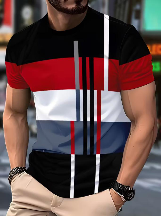 Men's Colorblock Striped Print Casual T-Shirt