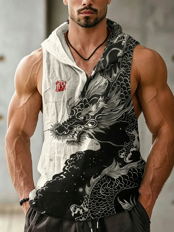 Men's Japanese Art Mythological Dragon Print Hooded Tank Top