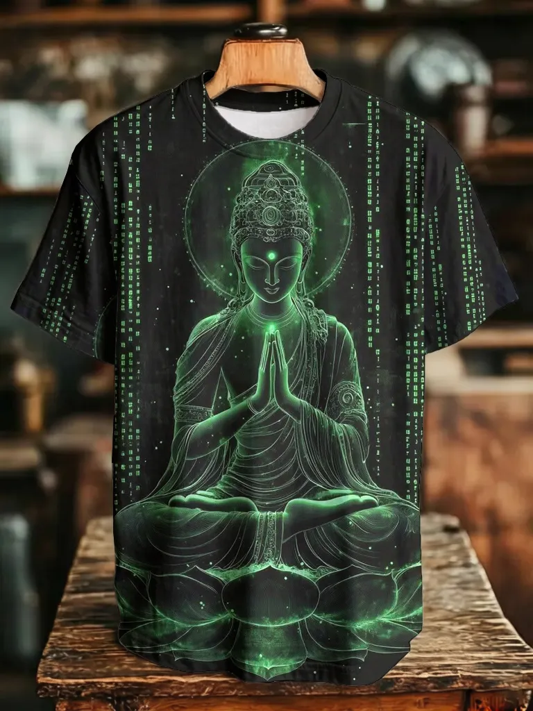 Men's Cyber Green Line Buddha Lotus Matrix Code Print Casual T-Shirt