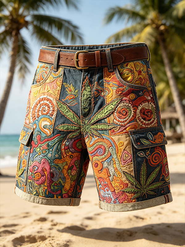 Men's Colorful Cannabis Leaf Ethnic Art Print Casual Shorts
