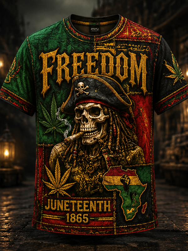 Men's Vintage Pirate Skull Juneteenth 1865 Freedom Print T-Shirt