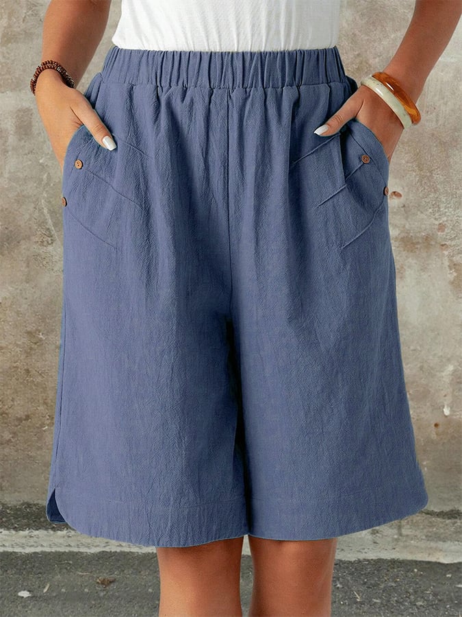 Women's Solid Color Buttoned Loose Casual Shorts (With Pockets)
