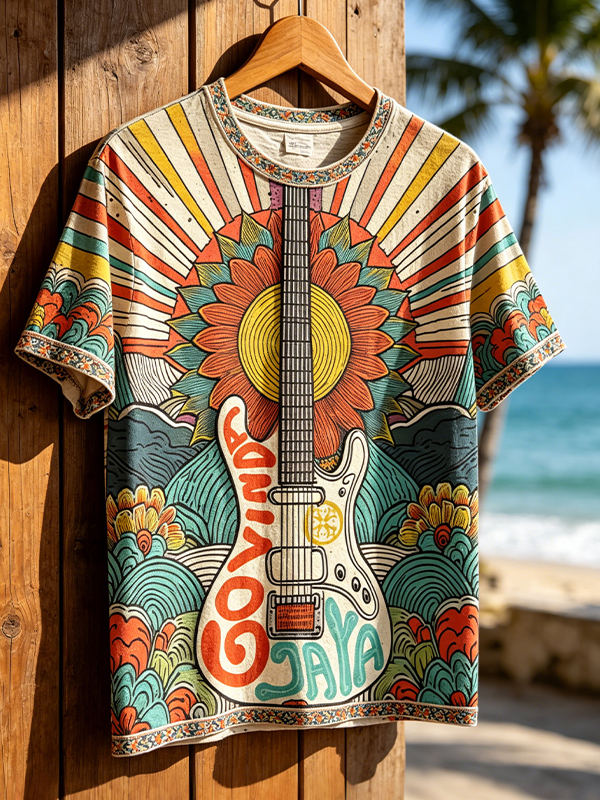 Men's Retro Guitar And Sunflower Boho Govinda Jaya Beach Print T-Shirt