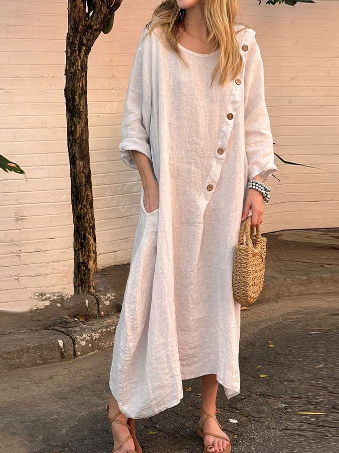 Women's Casual Solid Color Round Neck Long Sleeve Button Dress