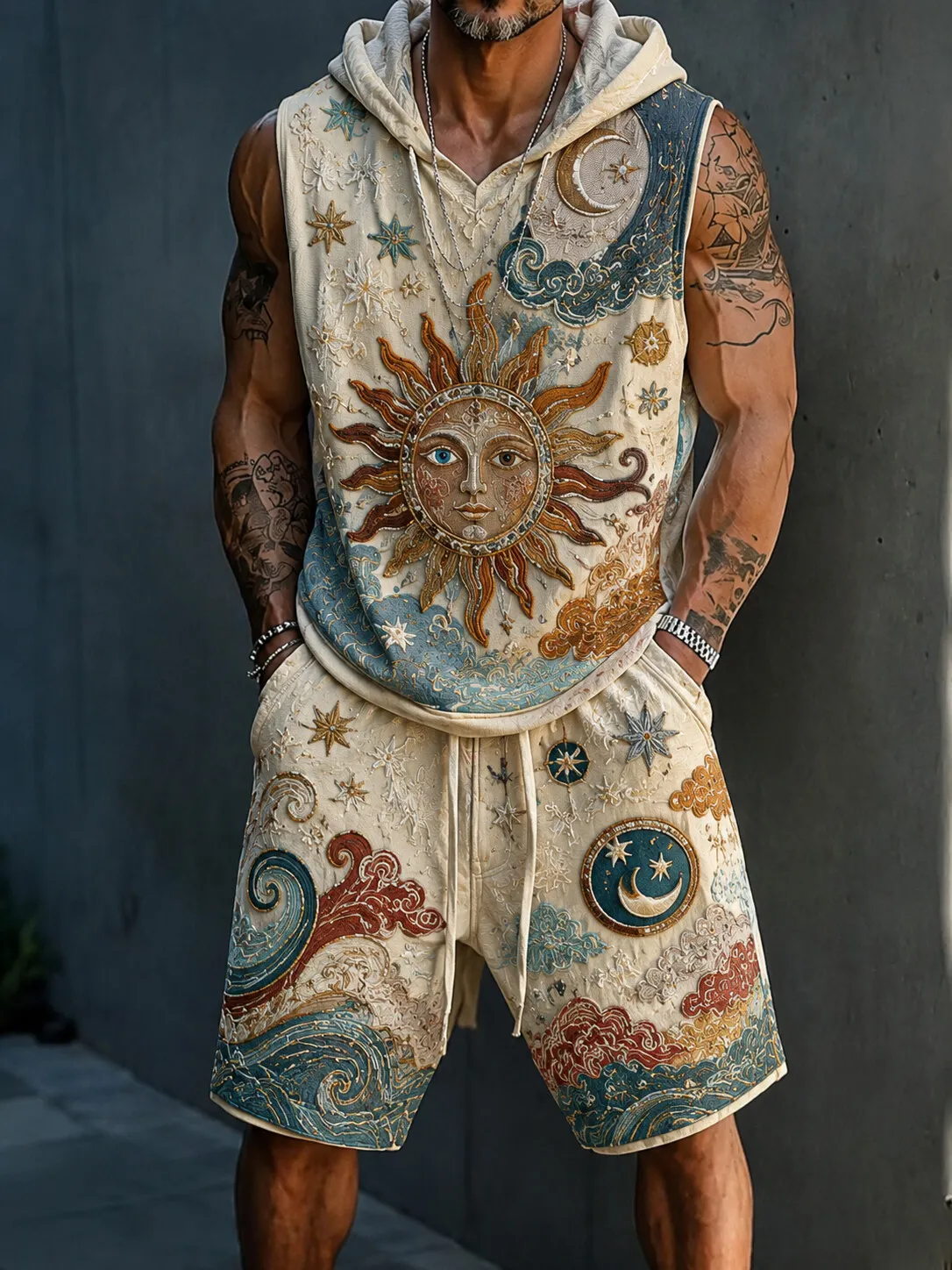 Men's Sun Moon Star Wave Cloud Hippie Art Retreat Print Hooded Tank Top Shorts Matching Set
