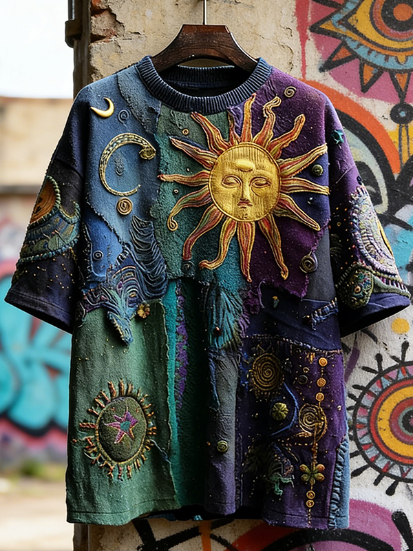 Men's Vintage Sun Moon Patchwork Art Print Drop Shoulder Casual T-Shirt