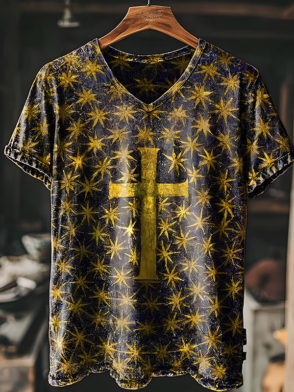 Men's Golden Stars Cross Print Casual V Neck T-Shirt