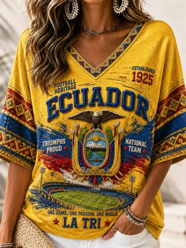 Women's Ecuador National Emblem Stadium Letter Ethnic Art Print Casual V Neck T-Shirt