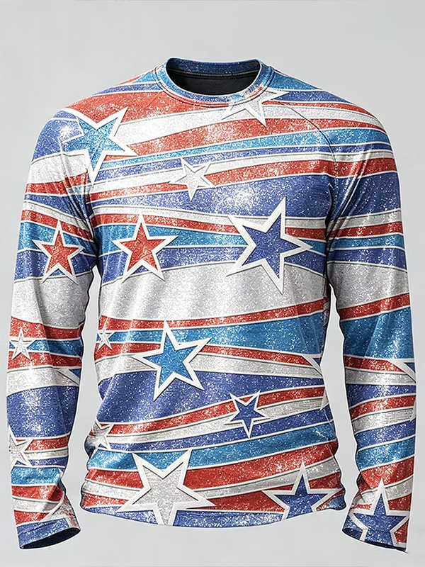 Men's American Flag Star Stripe Glittery Art Print Long Sleeve T-Shirt