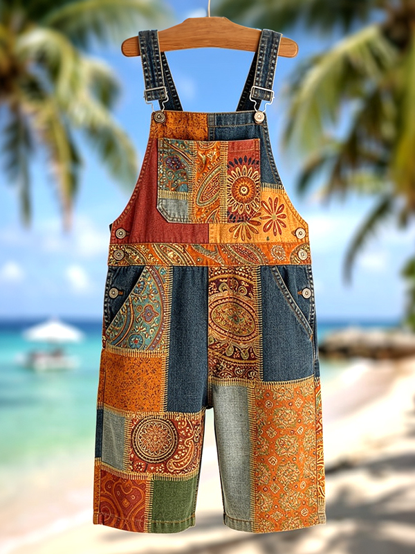 Men's Paisley Boho pattern Print Shorts Overalls