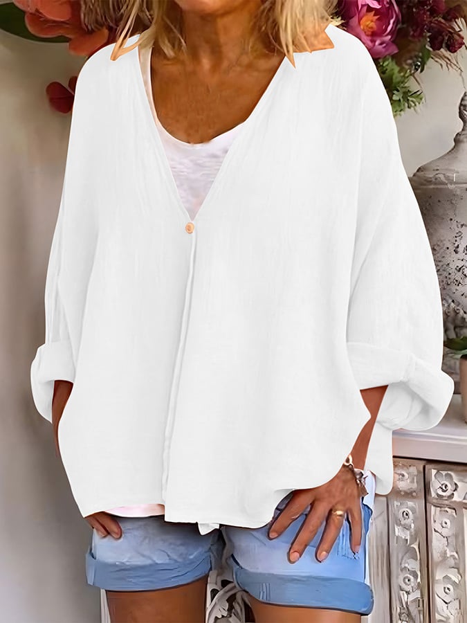 Women's V-Neck Long Sleeve Loose Button Design Casual Shirt