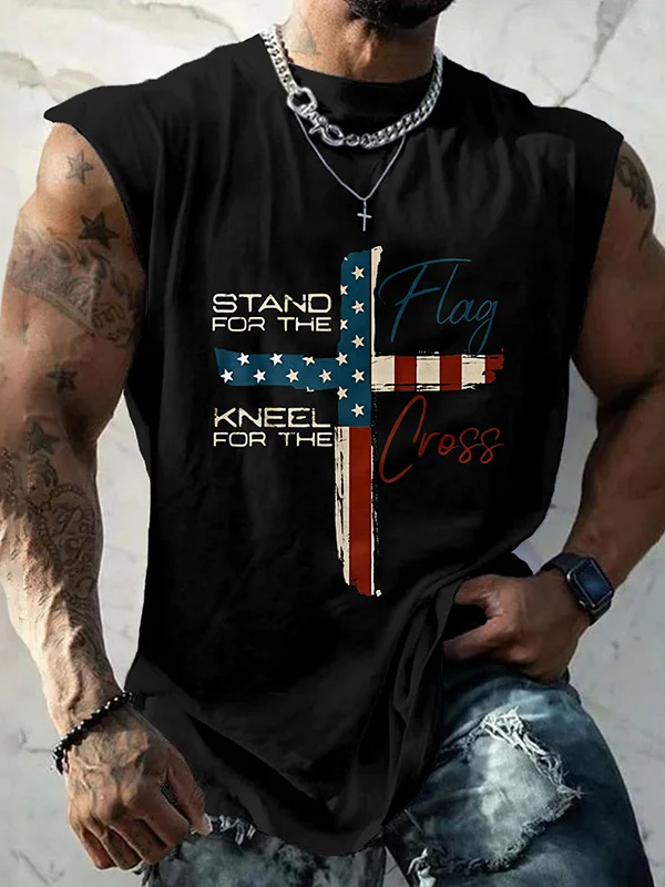 Men's Stand For The Flag Kneel For The Cross Print Casual Tank Top