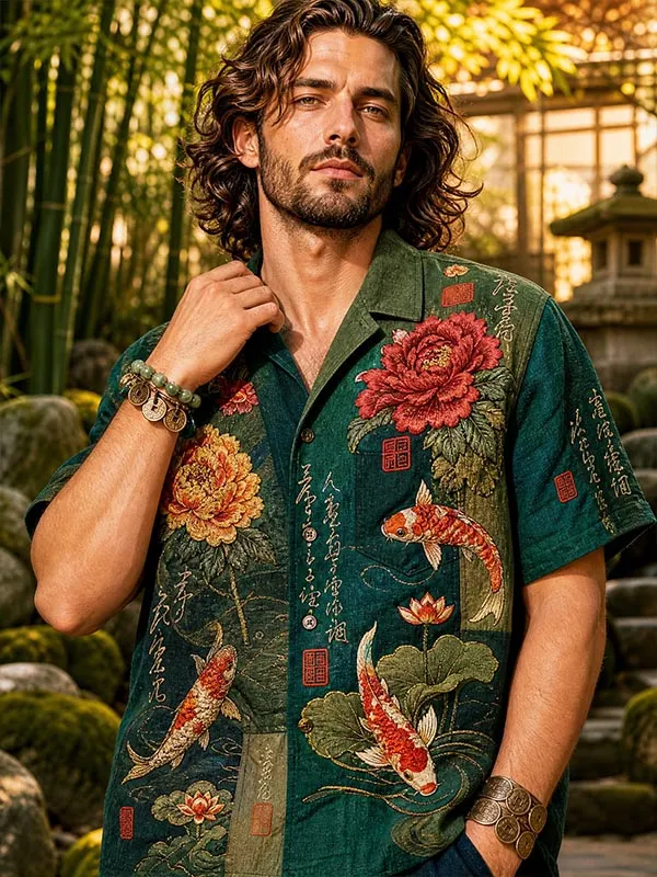 Men's Japanese Ukiyo-e Koi Fish Floral Print Short Sleeve Shirt