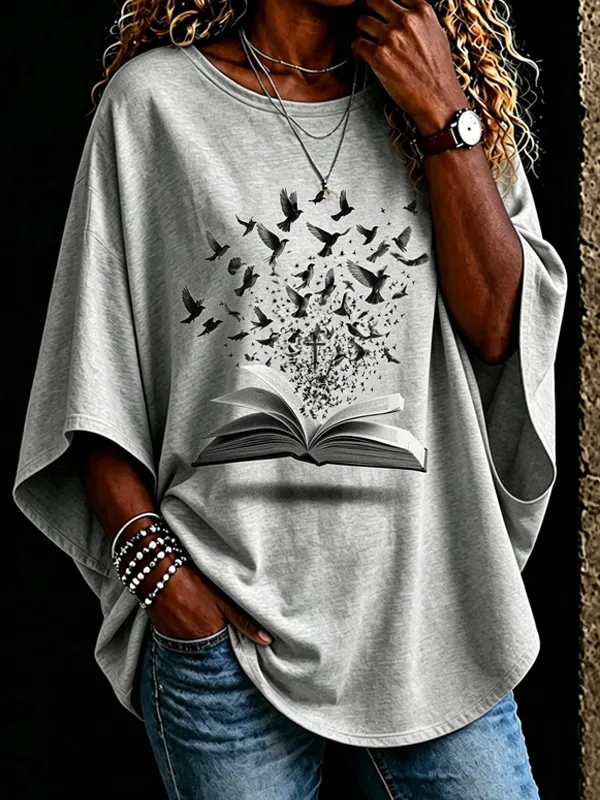 Women's Magic Book and Flying Birds Fantasy Print Long Sleeve T-Shirt