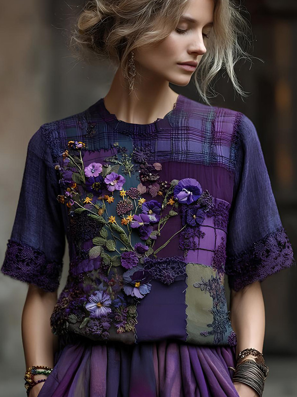 Women's Patchwork Floral Art Print Casual T-Shirt