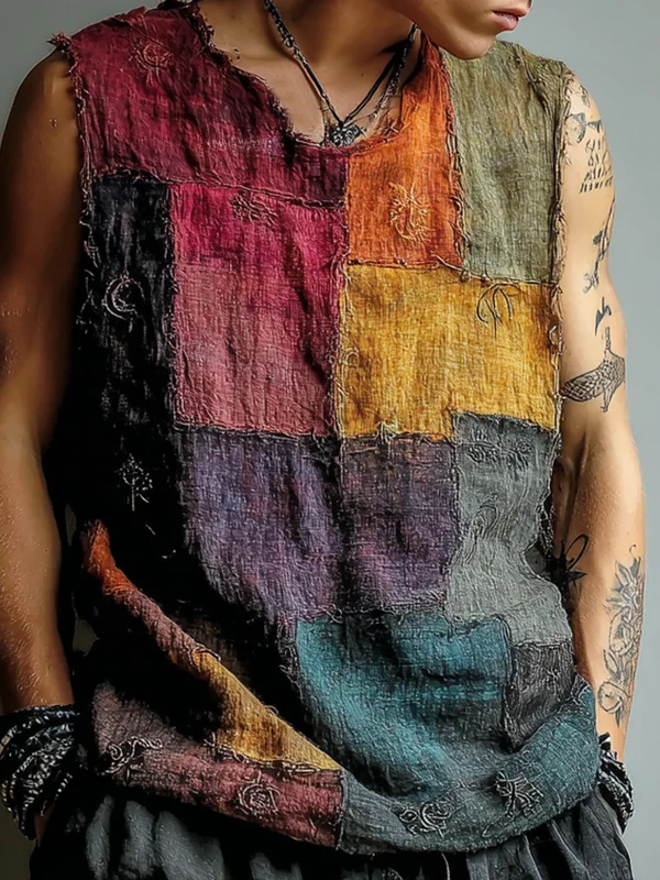 Men's Retro Boho Color Block Print Casual Tank Top