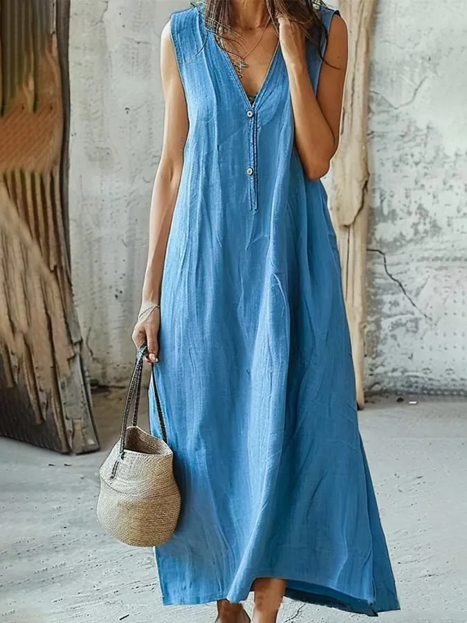 Women's Solid Color Cotton And Linen Mid-Length Sleeveless Vest Dress